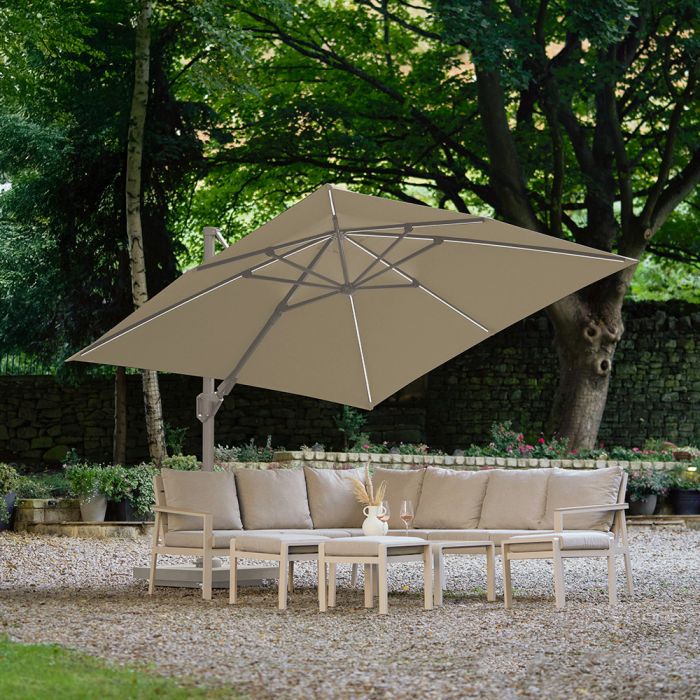 Platinum Challenger T2 Glow LED Cantilever Parasol 300x300cm. Sandstone Frame Champagne Canopy