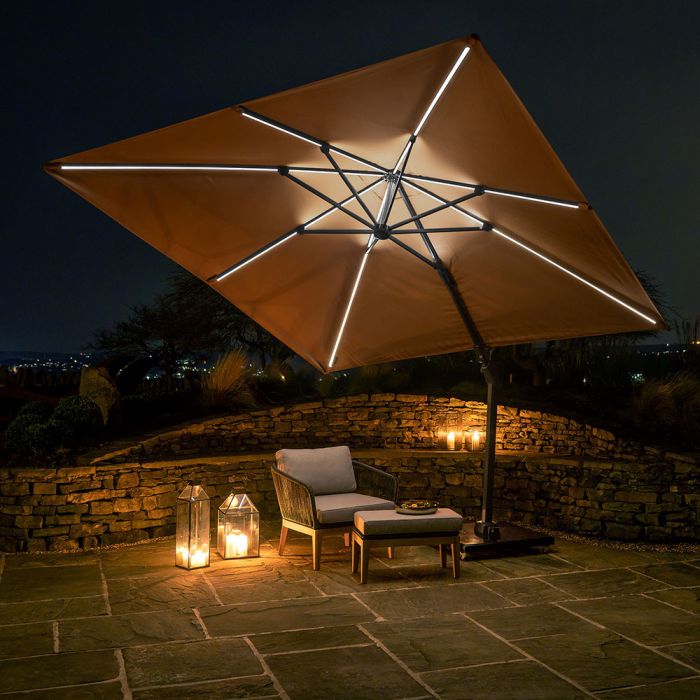 Platinum Challenger T2 Glow LED Cantilever Parasol 300x300cm. Taupe Canopy 