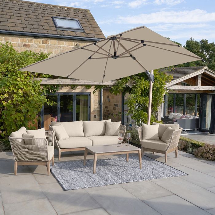 Platinum Premium Challenger T2 Cantilever Parasol 300x300x265cm. Teak Look Aluminium Frame. Champagne Canopy 