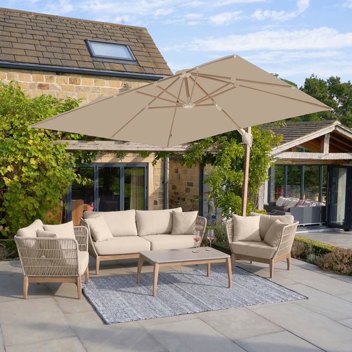 Platinum Premium Challenger T2 Cantilever Parasol 300x300x265cm. Teak Look Aluminium Frame. Champagne Canopy 