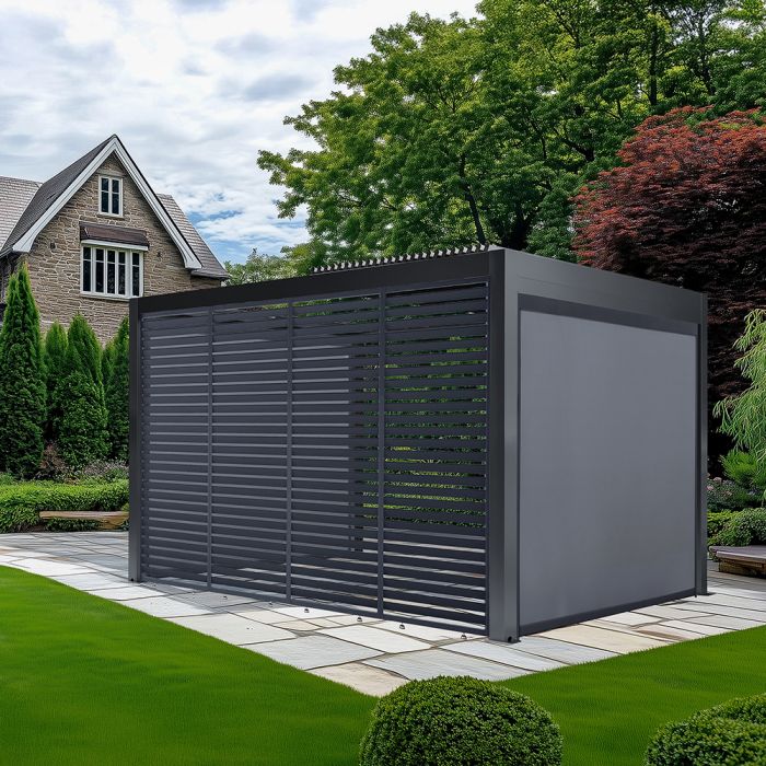 Abierto Gazebo Full Electric 3m x 4m inc LED complete with 1 x 4m Fixed Louvre Panel & 2 x 3m Electric Blinds. Installation Included