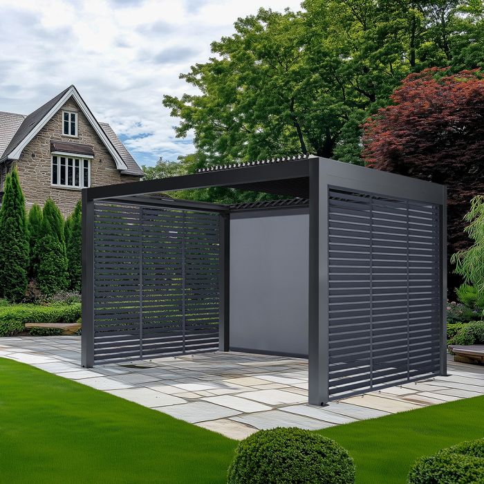 Abierto Gazebo Full Electric 3m x 4m inc LED complete with 2 x 3m Fixed Louvre Panels & 1 x 4m Electric Blind. Installation Included