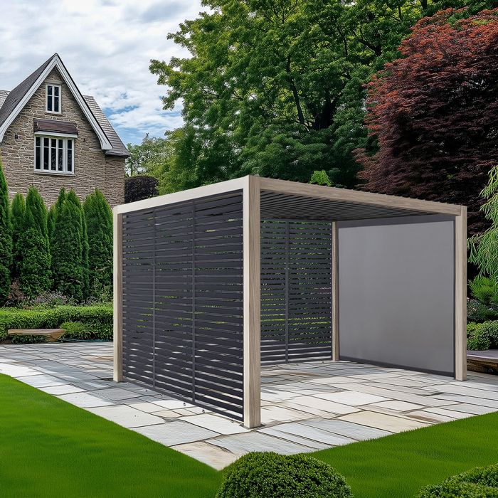 Pavillo Teak Look Aluminium 3.5m x 3.5m Pergola, Pavillo Louvre Front/Back Panel Long, Pavillo Louvre Side Panel Short, Pavillo Side Blind Short. Installation Included