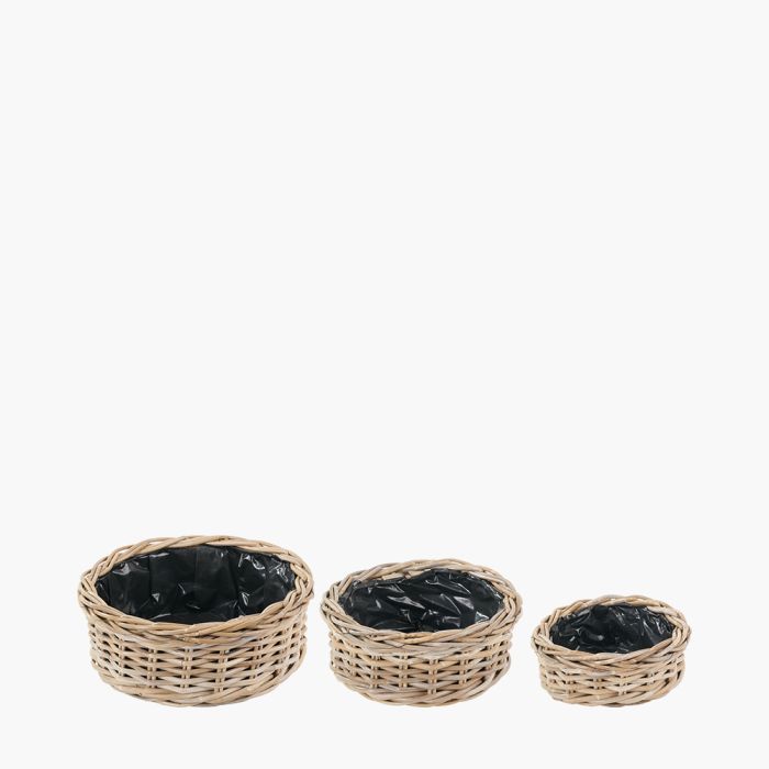 Set of 3 Indoor Outdoor Grey Kubu Rattan Round Basket Planters