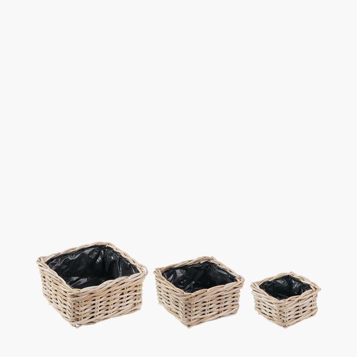 Set of 3 Indoor Outdoor Grey Kubu Rattan Square Basket Planters