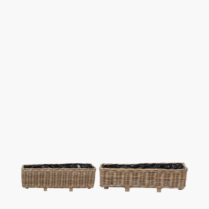 Set of 2 Indoor Outdoor Grey Kubu Rattan Basket Trough Planters