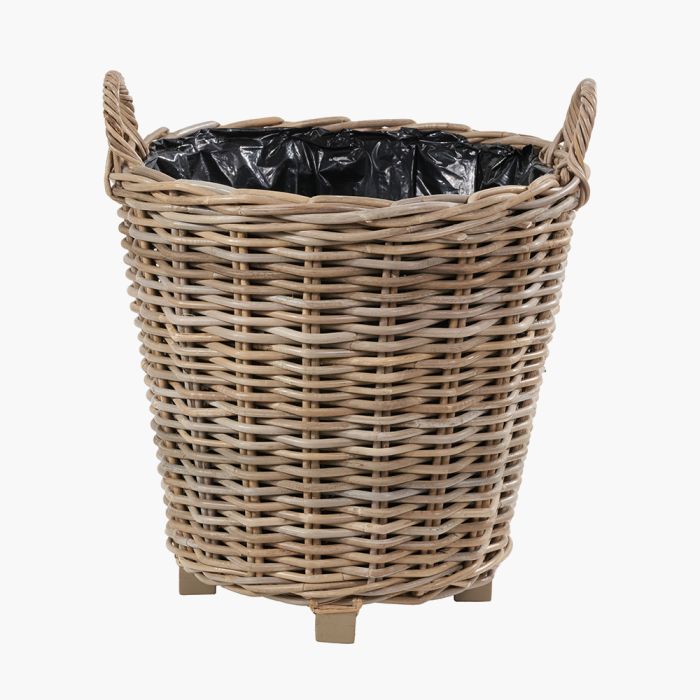 Indoor Outdoor Grey Kubu Rattan Round Basket Planter with Handles