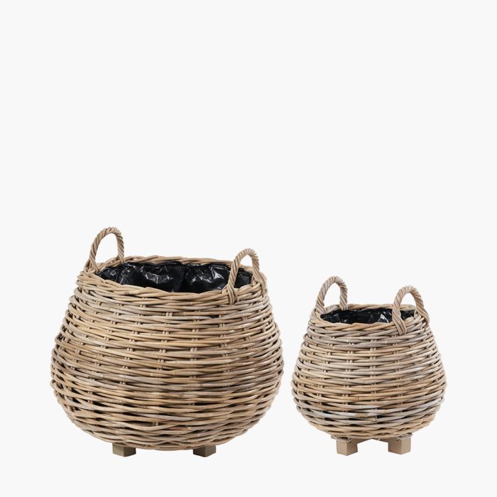 Set of 2 Indoor Outdoor Grey Kubu Rattan Bulbous Basket Planters