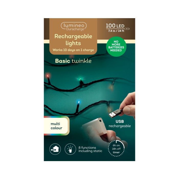 100 LED Outdoor Rechargeable Lights Multi Colour with 8 Functions