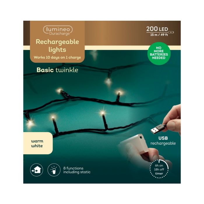 200 LED Outdoor Rechargeable Lights Warm White with 8 Functions