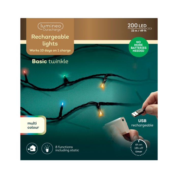 200 LED Outdoor Rechargeable Lights Multi Colour with 8 Functions