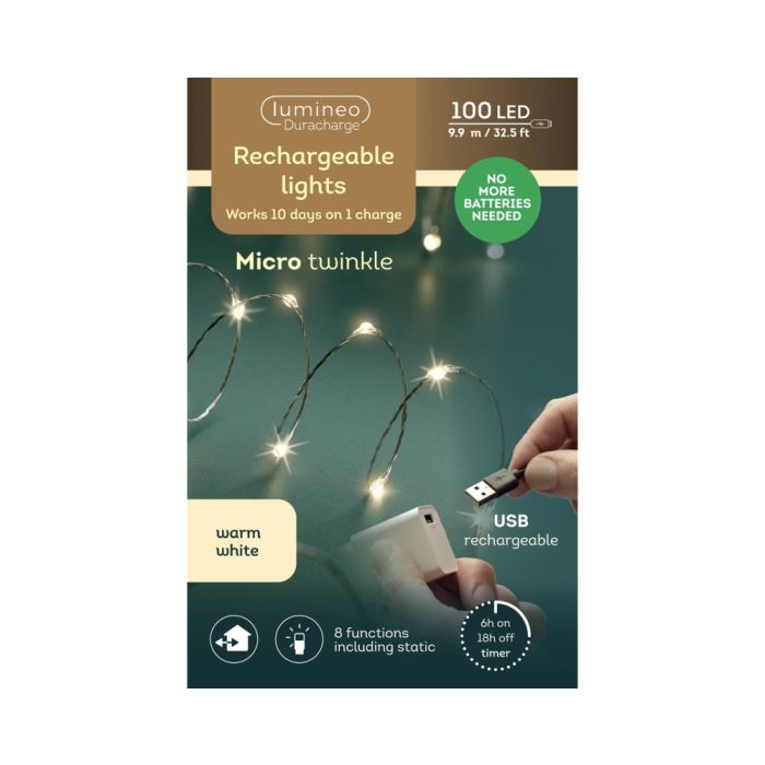 100 LED Outdoor Rechargeable Micro Twinkle Lights Warm White with 8 Functions