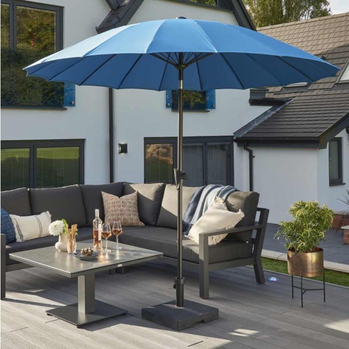 Royce Geisha 270cm Round Crank & Tilt Parasol. Ice Blue Canopy. Night Cover Included.