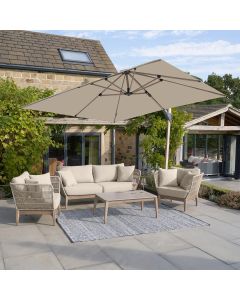 Platinum Premium Challenger T2 Cantilever Parasol 300x300x265cm. Teak Look Aluminium Frame. Champagne Canopy 