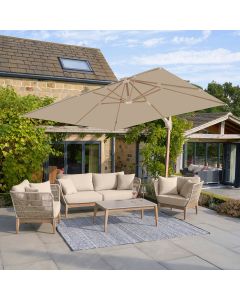 Platinum Premium Challenger T2 Cantilever Parasol 300x300x265cm. Teak Look Aluminium Frame. Champagne Canopy 