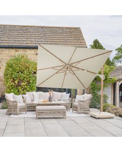 Platinum Premium Challenger T2 Cantilever Parasol 350x260x246cm. Wood Look Aluminium Frame. Champagne Canopy.