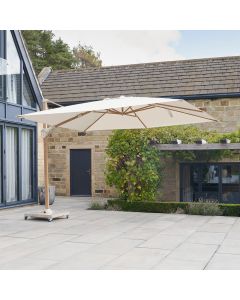 Platinum Challenger Premium T2 Cantilever Parasol 350x260x264cm. Wood Look Aluminium Frame. Champagne Canopy 