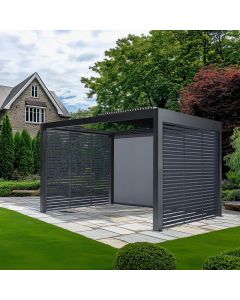Abierto Gazebo Full Electric 3m x 4m inc LED complete with 2 x 3m Fixed Louvre Panels & 1 x 4m Electric Blind. Installation Included