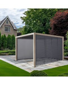 Pavillo Teak Look Aluminium 3.5m x 3.5m Pergola, Pavillo Louvre Front/Back Panel Long, Pavillo Front/Back Blind Long, Pavillo Side Blind Short, Pavillo LED. Installation Included