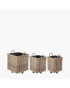 Set of 3 Indoor Outdoor Grey Kubu Rattan Square Basket Planters with Handles