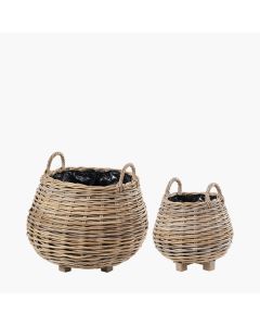 Set of 2 Indoor Outdoor Grey Kubu Rattan Bulbous Basket Planters