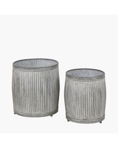 Set of 2 Galvanised Zinc Barrel Planters