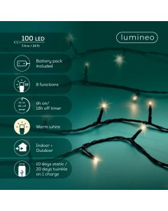 100 LED Outdoor Rechargeable Lights Warm White with 8 Functions