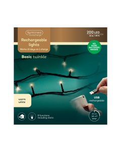 200 LED Outdoor Rechargeable Lights Warm White with 8 Functions