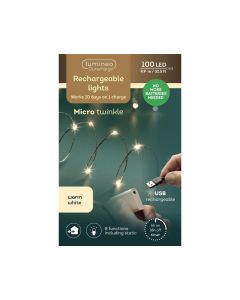 100 LED Outdoor Rechargeable Micro Twinkle Lights Warm White with 8 Functions