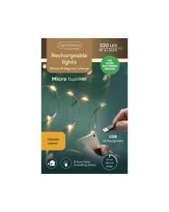 100 LED Outdoor Rechargeable Micro Twinkle Lights Classic Warm White with 8 Functions