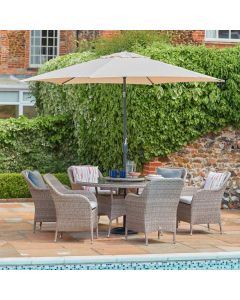 Monte Carlo Sand 6 Seat Dining Set with Weave Lazy Susan and 3.0m Parasol