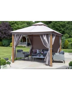 Luxury Gazebo 300x300cm Wood Look Frame, Taupe Canopy, with Integrated LED Lighting