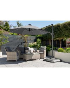 Onebo 300cm Cantilever Parasol with LED Lights and Base. Grey Canopy.