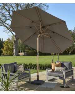 Royce Premium 300cm Round Parasol with LED LIghts. Wood Look Aluminium Frame. Smoke Grey Canopy. Night Cover Included.