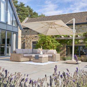 Platinum Challenger T2 Cantilever Parasol 300x300x265cm. Sandstone Frame. Champagne Canopy