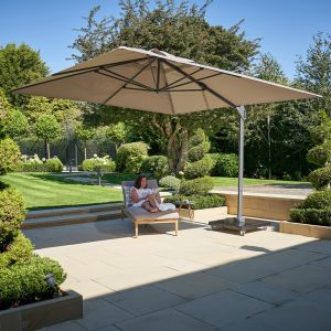Platinum Challenger Premium T1 Telescopic Cantilever Parasol 350x350x273cm. Havana Taupe Canopy 