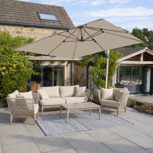 Platinum Premium Challenger T2 Cantilever Parasol 300x300x265cm. Teak Look Aluminium Frame. Champagne Canopy 
