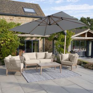 Platinum Premium Challenger T2 Cantilever Parasol 300x300x265cm. Teak Look Aluminium Frame. Manhattan Grey  Canopy