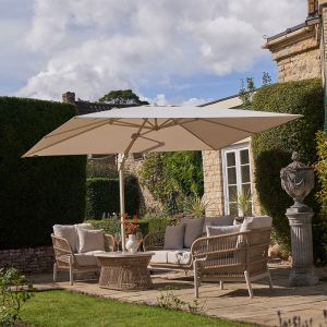 Platinum Challenger T2 Cantilever Parasol 350x260x264cm. Sandstone Frame. Champagne Canopy 
