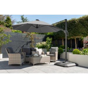 Onebo 300cm Cantilever Parasol with LED Lights and Base. Grey Canopy.