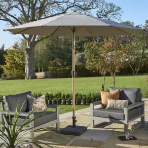 Royce Premium 300cm Round Parasol with LED LIghts. Wood Look Aluminium Frame. Smoke Grey Canopy. Night Cover Included.